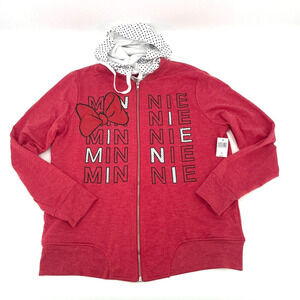 Disney Minnie Women Sweatshirt L Red White Polka Hoodie Full Zip Long Sleeve NWT